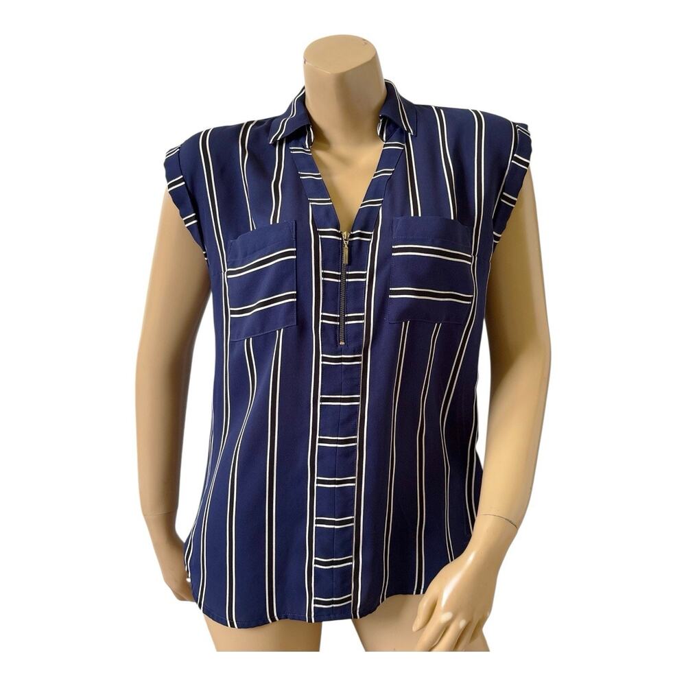 Express Blouse Womens Small Blue White Black Striped Half Zip Collared Pockets